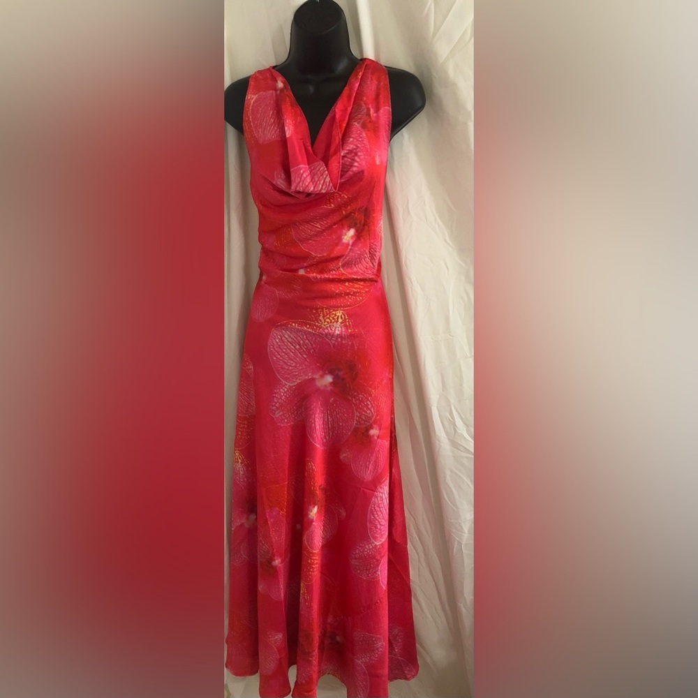 Red coral poppy floral cowlneck sleeveless satin effect‎ maxi dress size large